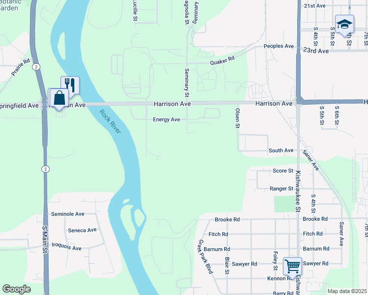 map of restaurants, bars, coffee shops, grocery stores, and more near 123 Energy Avenue in Rockford