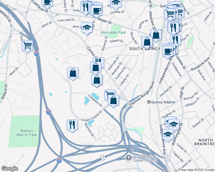 map of restaurants, bars, coffee shops, grocery stores, and more near 307 Centre Street in Quincy