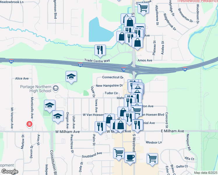 map of restaurants, bars, coffee shops, grocery stores, and more near 329 New Hampshire Drive in Portage