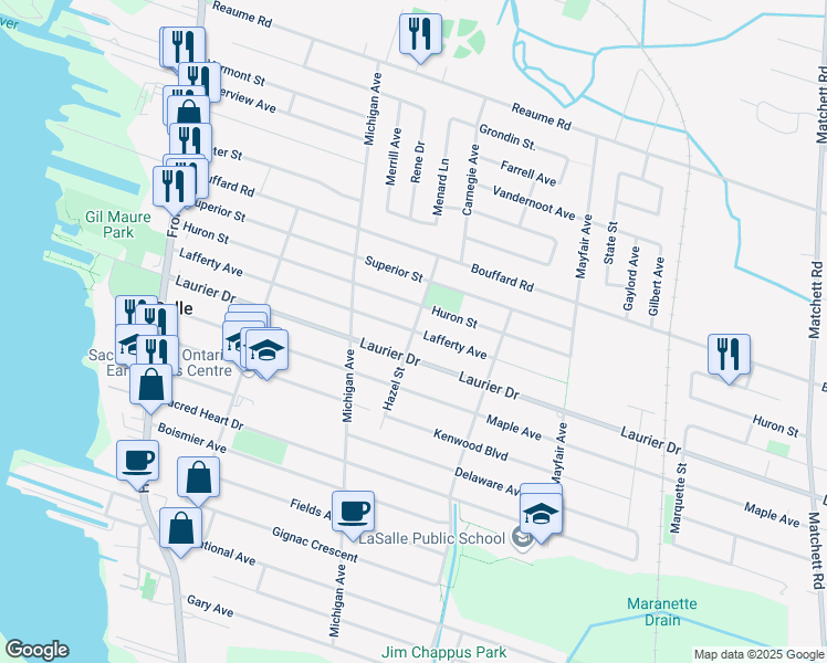 map of restaurants, bars, coffee shops, grocery stores, and more near Hazel Street in LaSalle