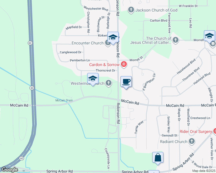 map of restaurants, bars, coffee shops, grocery stores, and more near 1000 Robinson Road in Jackson