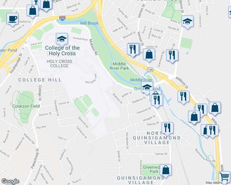 map of restaurants, bars, coffee shops, grocery stores, and more near 7 Bothnia Street in Worcester