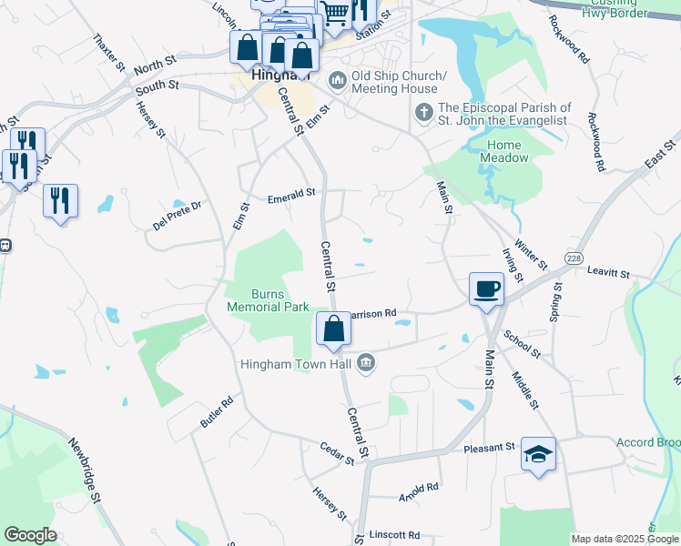 map of restaurants, bars, coffee shops, grocery stores, and more near 160 Central Street in Hingham
