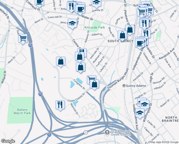 map of restaurants, bars, coffee shops, grocery stores, and more near 307 Centre Street in Quincy