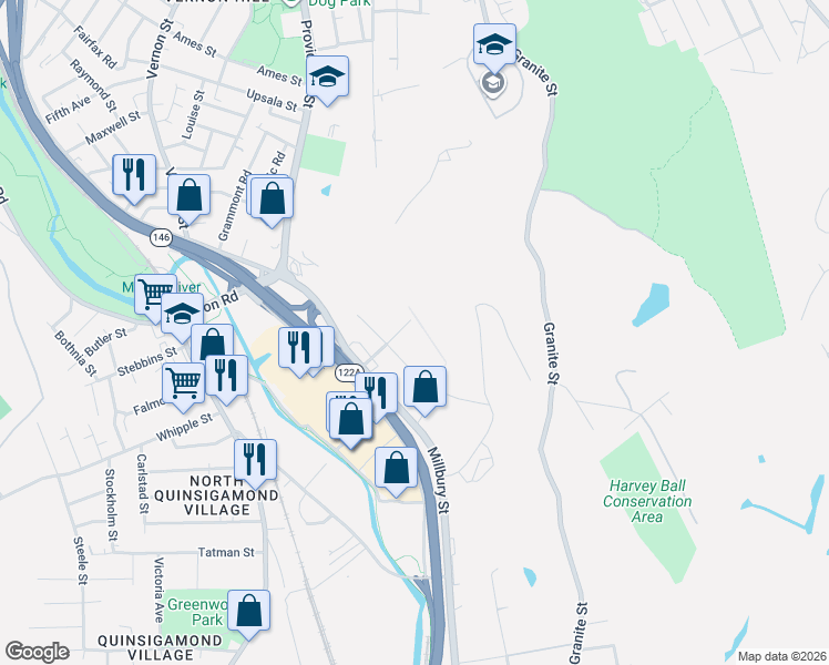 map of restaurants, bars, coffee shops, grocery stores, and more near 14 Albion Street in Worcester