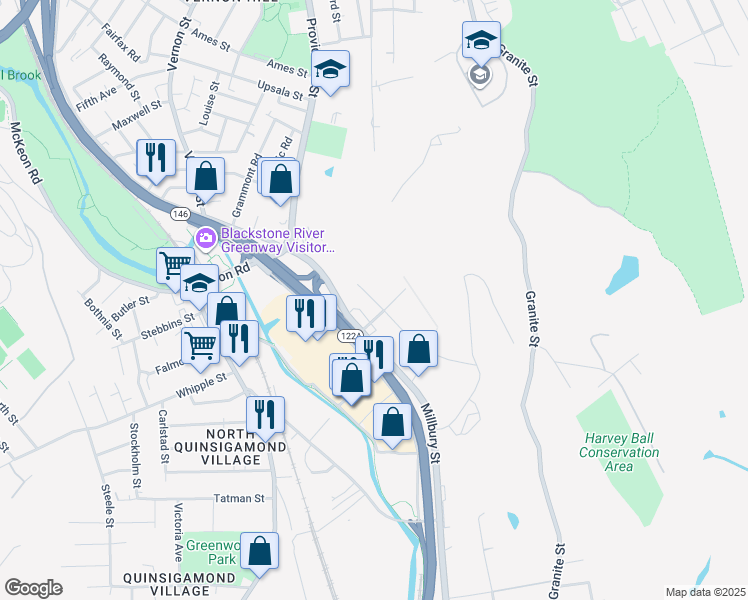 map of restaurants, bars, coffee shops, grocery stores, and more near 11 Gibbs Street in Worcester