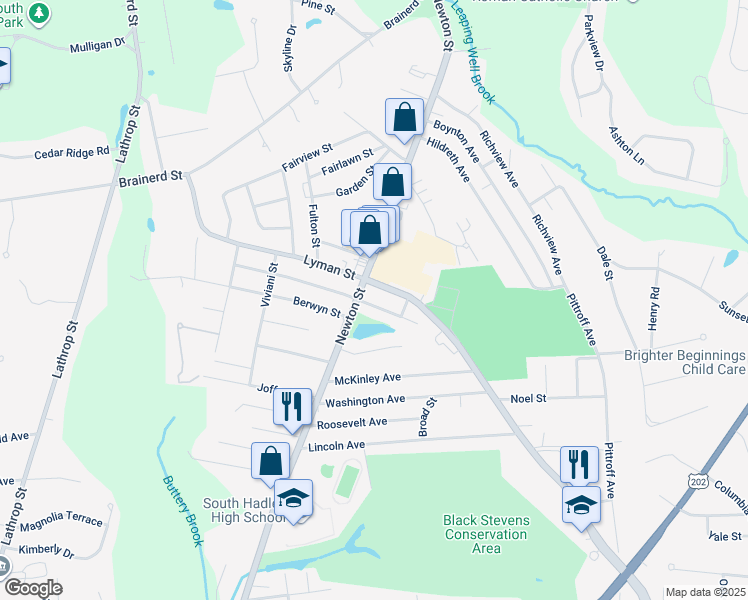 map of restaurants, bars, coffee shops, grocery stores, and more near 465 Massachusetts 116 in South Hadley