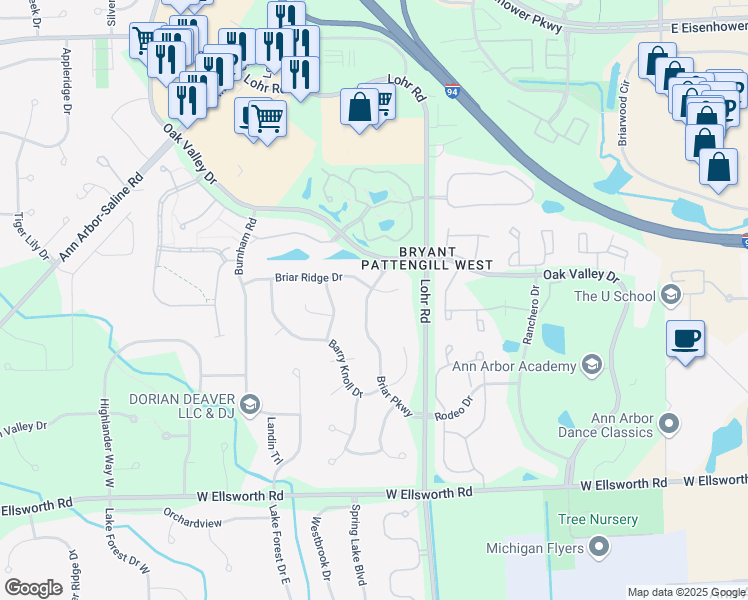 map of restaurants, bars, coffee shops, grocery stores, and more near 1608 Briar Ridge Drive in Ann Arbor