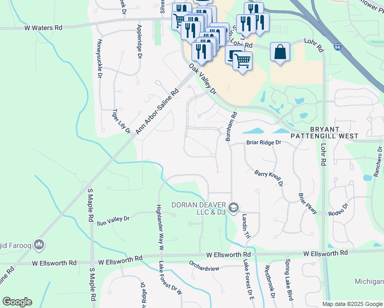 map of restaurants, bars, coffee shops, grocery stores, and more near 3539 Bent Trail Drive in Ann Arbor