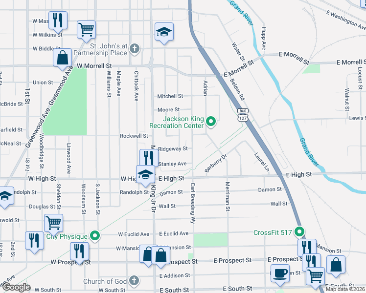 map of restaurants, bars, coffee shops, grocery stores, and more near 1120 South Milwaukee Street in Jackson