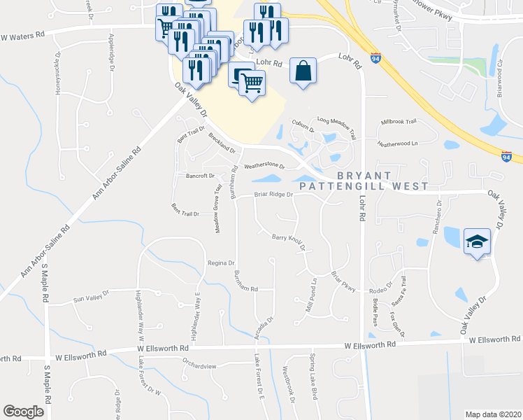 map of restaurants, bars, coffee shops, grocery stores, and more near 3531 Barry Knoll Drive in Ann Arbor