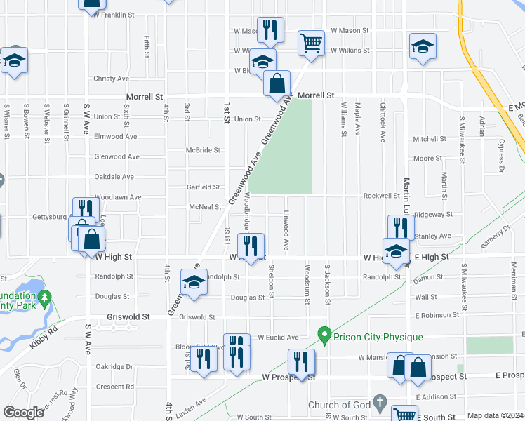 map of restaurants, bars, coffee shops, grocery stores, and more near 234 Rosedale Place in Jackson