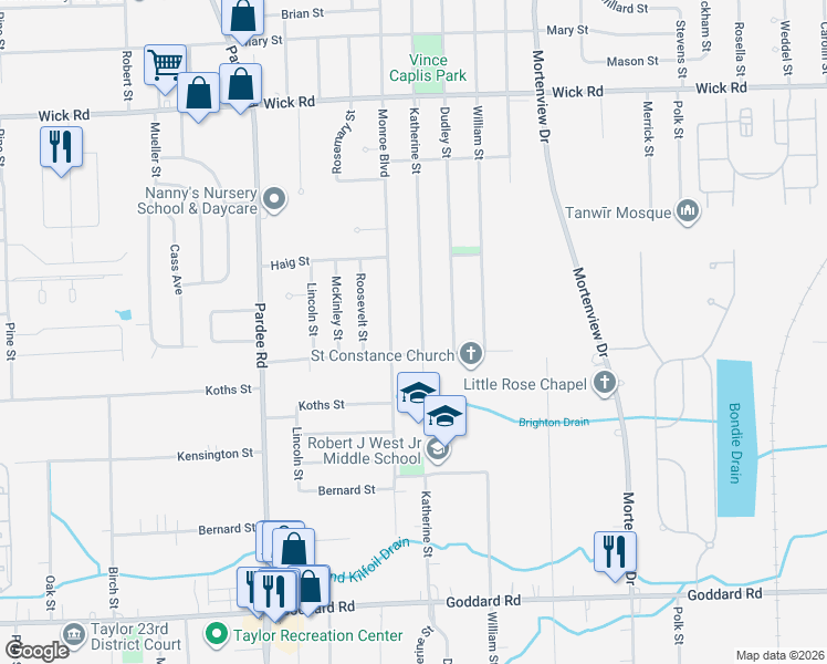 map of restaurants, bars, coffee shops, grocery stores, and more near 9846 Katherine Street in Taylor