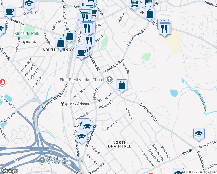 map of restaurants, bars, coffee shops, grocery stores, and more near 279 Franklin Street in Quincy