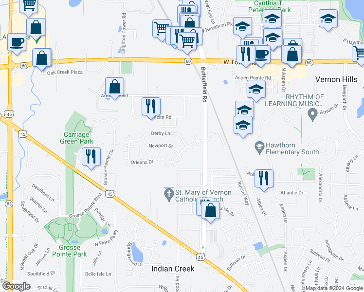 map of restaurants, bars, coffee shops, grocery stores, and more near 1447 Derby Lane in Mundelein