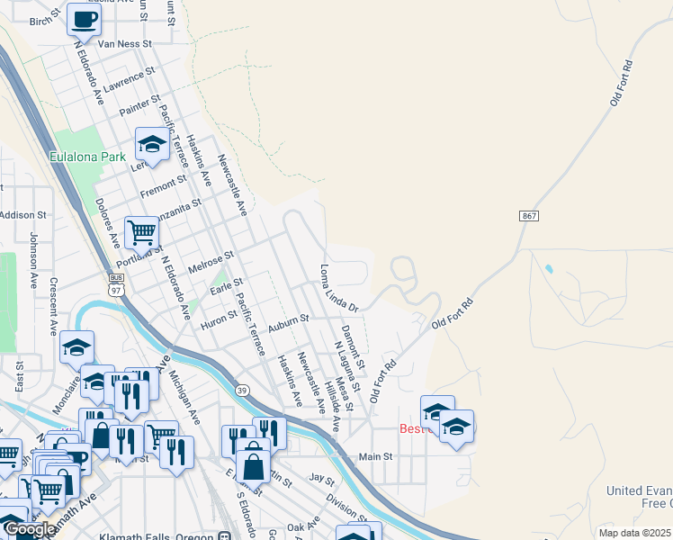 map of restaurants, bars, coffee shops, grocery stores, and more near 945 Loma Linda Drive in Klamath Falls