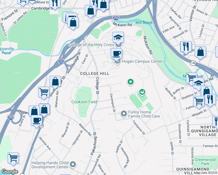 map of restaurants, bars, coffee shops, grocery stores, and more near 105 Kendig Street in Worcester