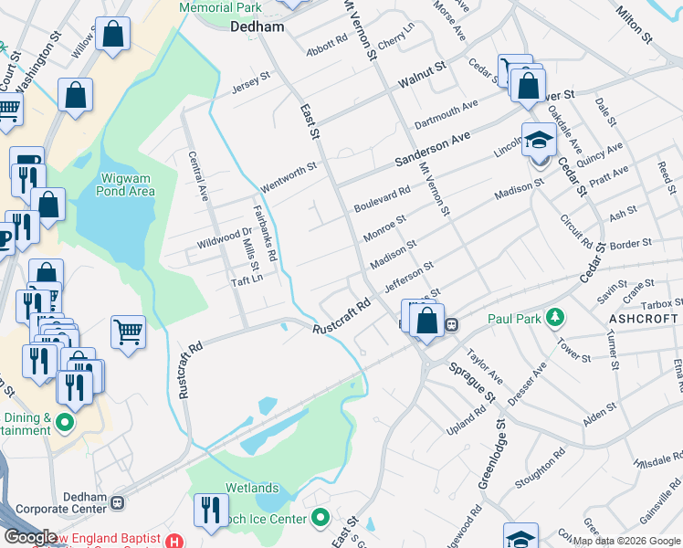 map of restaurants, bars, coffee shops, grocery stores, and more near 769 East Street in Dedham