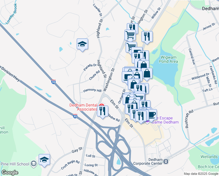 map of restaurants, bars, coffee shops, grocery stores, and more near 7 Wilson Avenue in Dedham