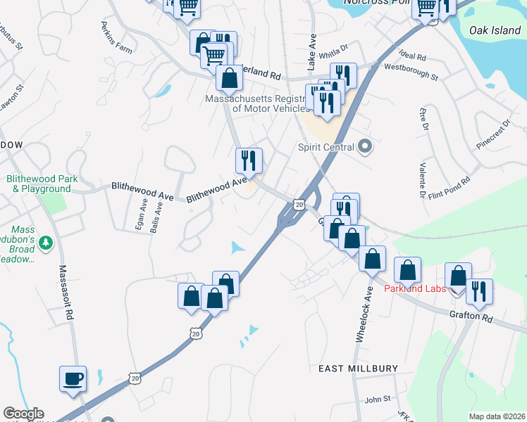 map of restaurants, bars, coffee shops, grocery stores, and more near 9 Beverly Cove in Worcester