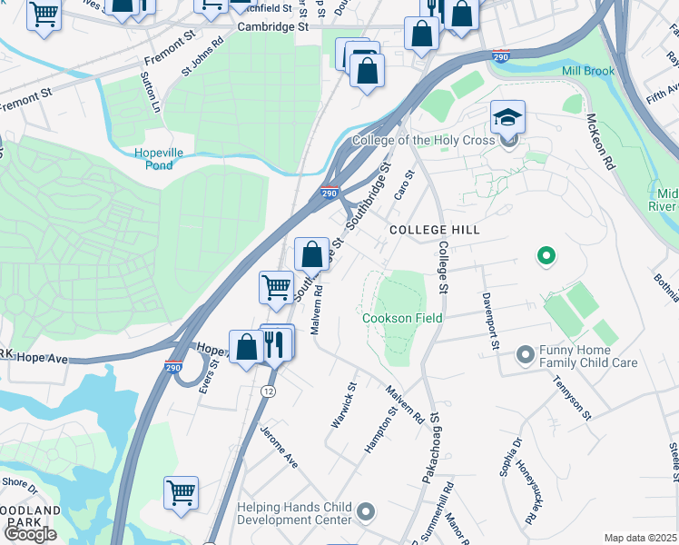 map of restaurants, bars, coffee shops, grocery stores, and more near 8 Heath Street in Worcester