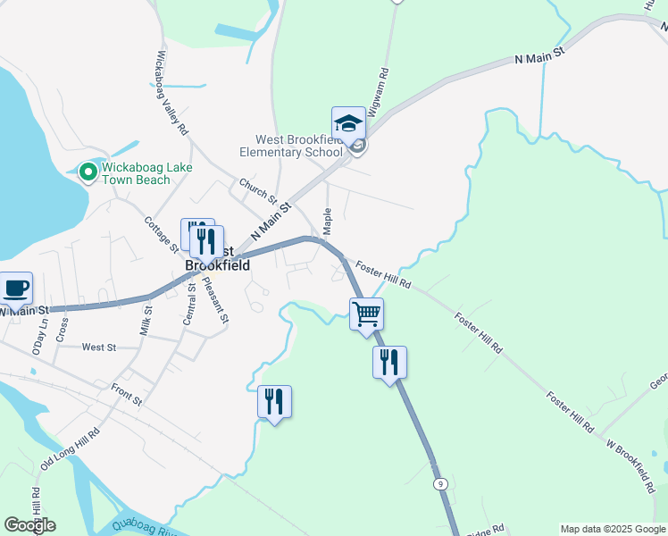 map of restaurants, bars, coffee shops, grocery stores, and more near 85 East Main Street in West Brookfield