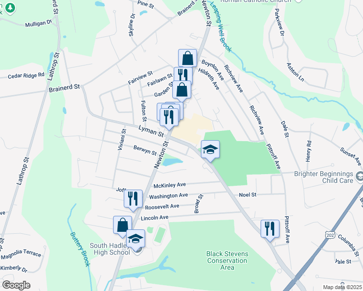 map of restaurants, bars, coffee shops, grocery stores, and more near 79 Lyman Street in South Hadley