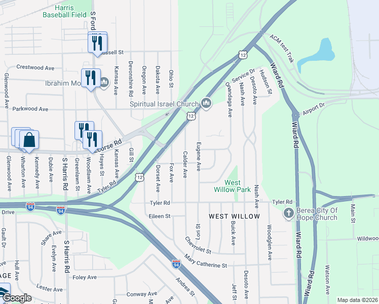map of restaurants, bars, coffee shops, grocery stores, and more near 600 Calder Avenue in Ypsilanti