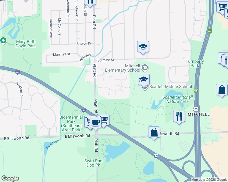 map of restaurants, bars, coffee shops, grocery stores, and more near 3093 Williamsburg Road in Ann Arbor