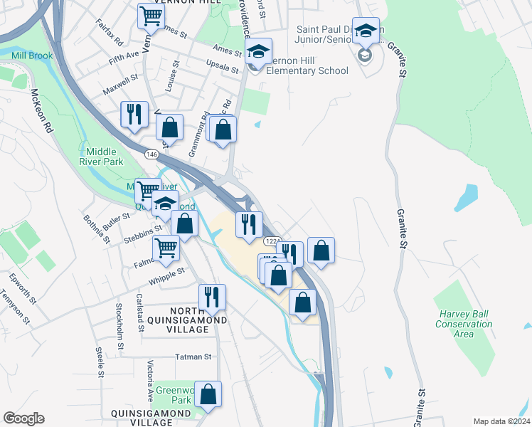 map of restaurants, bars, coffee shops, grocery stores, and more near 63 Millbury Street in Worcester