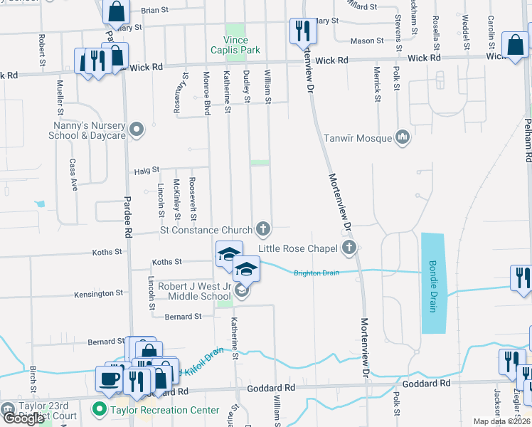 map of restaurants, bars, coffee shops, grocery stores, and more near 9811 William Street in Taylor