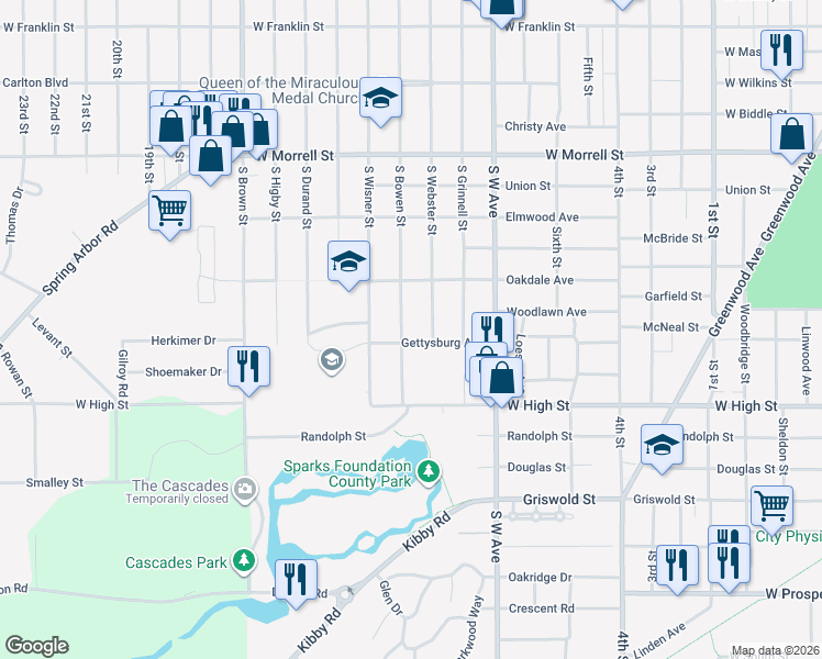 map of restaurants, bars, coffee shops, grocery stores, and more near 1114 South Webster Street in Jackson