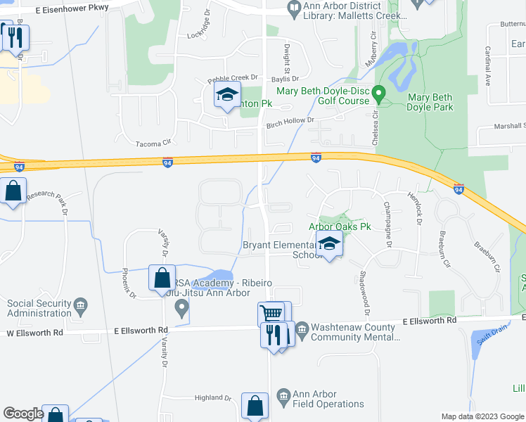 map of restaurants, bars, coffee shops, grocery stores, and more near Stone School Road in Ann Arbor