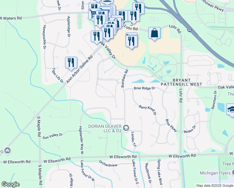 map of restaurants, bars, coffee shops, grocery stores, and more near 3483 Burnham Road in Ann Arbor