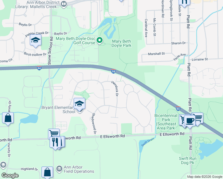 map of restaurants, bars, coffee shops, grocery stores, and more near 10 Kilbrennan Court in Ann Arbor