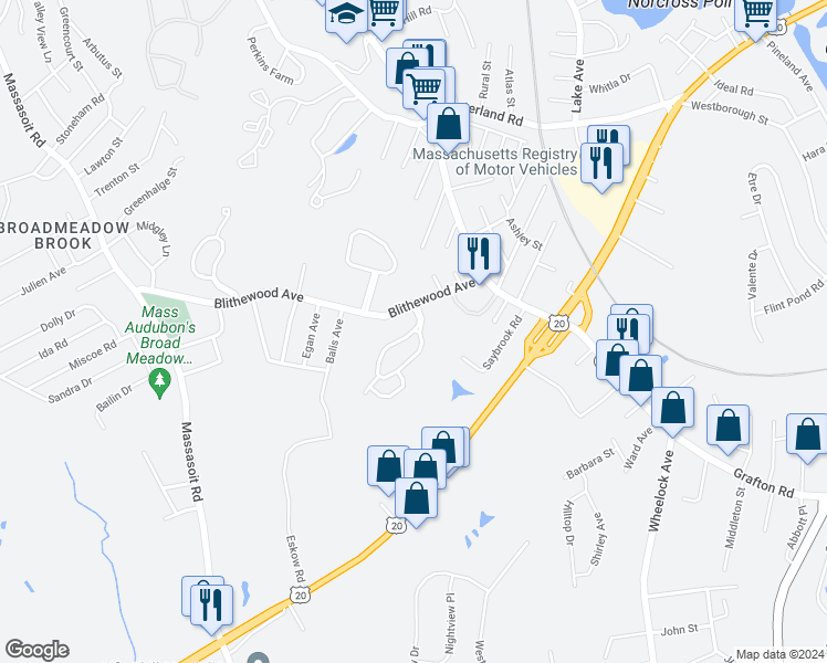 map of restaurants, bars, coffee shops, grocery stores, and more near 116 Weatherstone Drive in Worcester