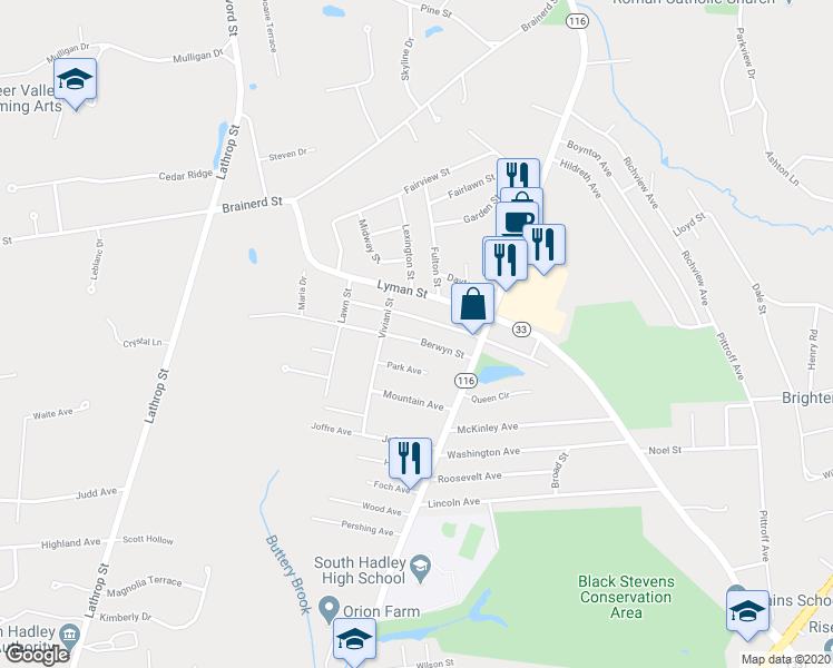 map of restaurants, bars, coffee shops, grocery stores, and more near 29 Berwyn Street in South Hadley