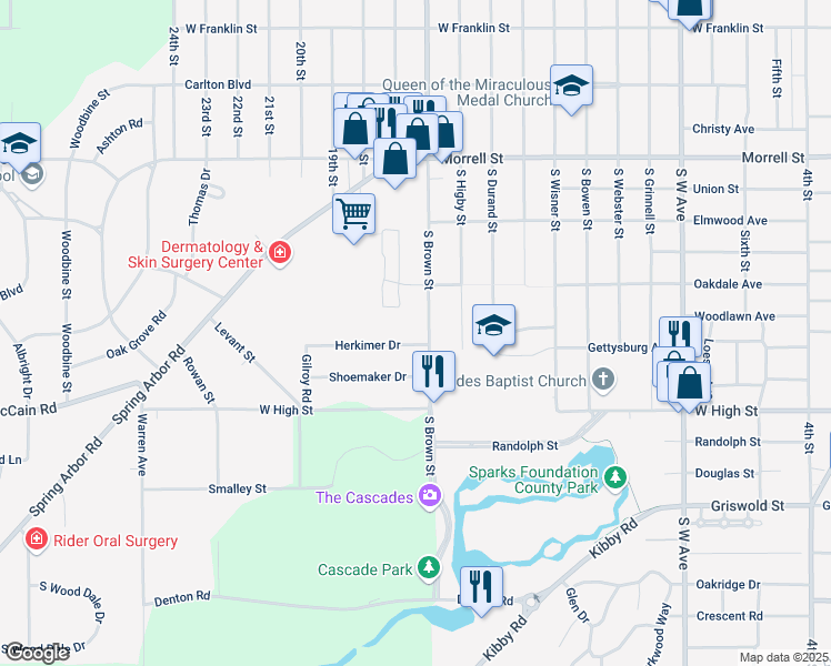 map of restaurants, bars, coffee shops, grocery stores, and more near 1052 South Brown Street in Jackson