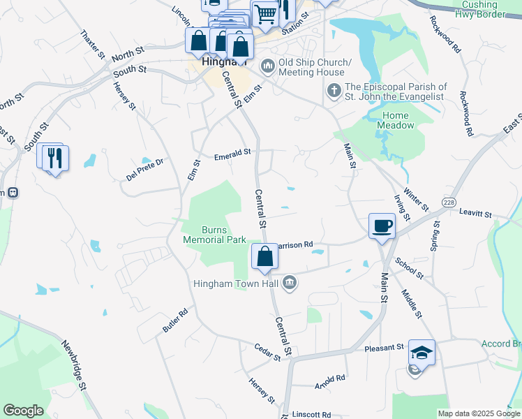 map of restaurants, bars, coffee shops, grocery stores, and more near 122 Central Street in Hingham