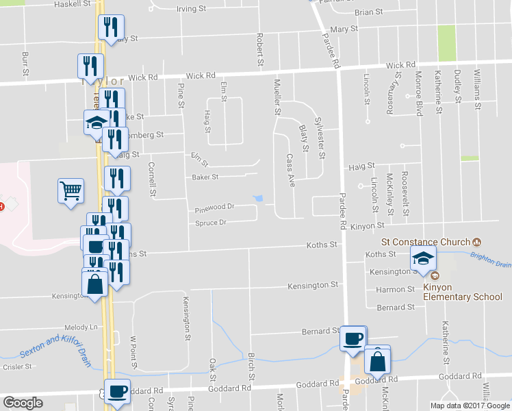 map of restaurants, bars, coffee shops, grocery stores, and more near 23236 Pinewood Drive in Taylor