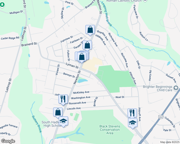 map of restaurants, bars, coffee shops, grocery stores, and more near 79 Lyman Street in South Hadley