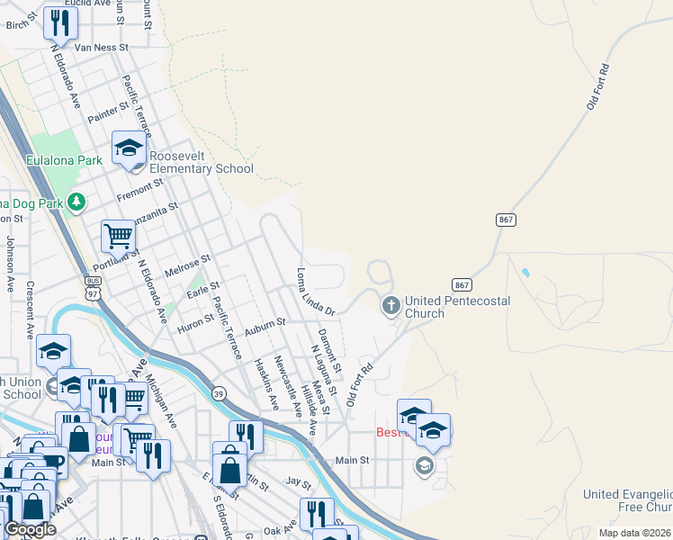 map of restaurants, bars, coffee shops, grocery stores, and more near 2333 Linda Vista Drive in Klamath Falls
