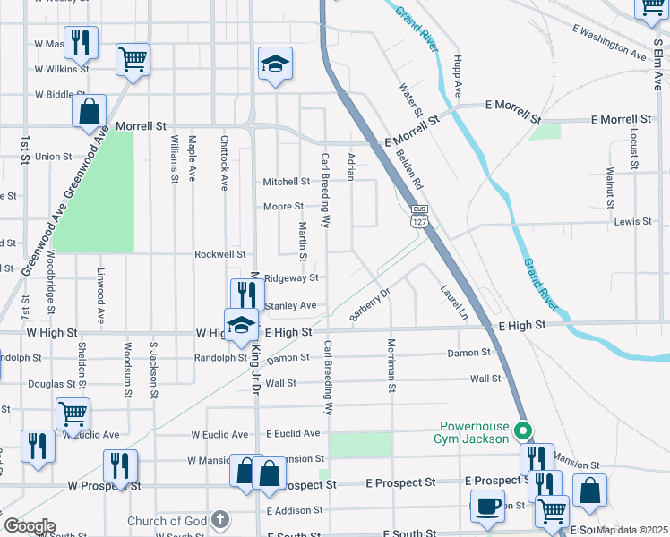 map of restaurants, bars, coffee shops, grocery stores, and more near 1120 South Milwaukee Street in Jackson