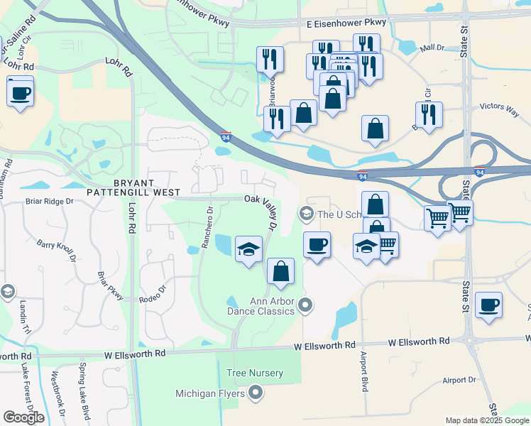 map of restaurants, bars, coffee shops, grocery stores, and more near 1195 Oak Valley Drive in Ann Arbor
