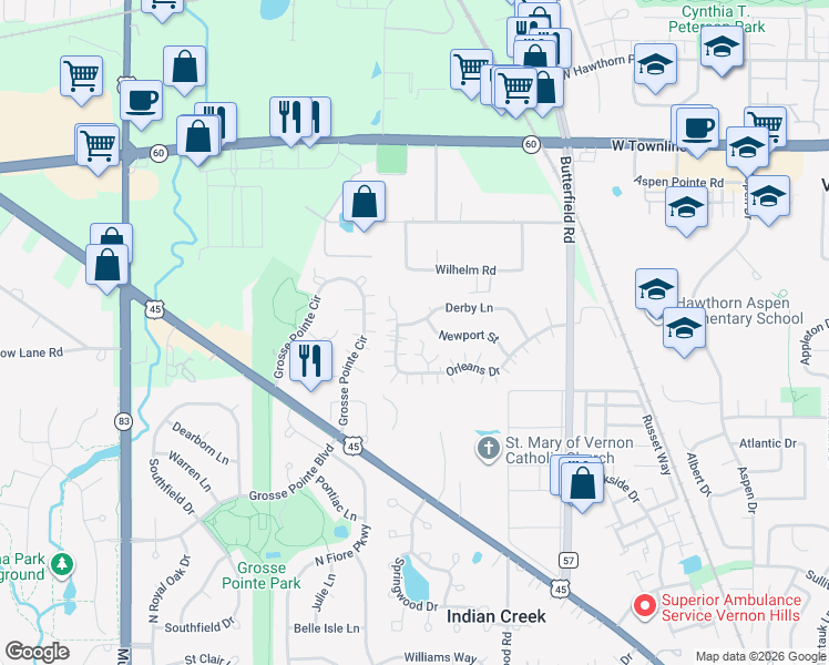 map of restaurants, bars, coffee shops, grocery stores, and more near 1260 Derby Lane in Mundelein