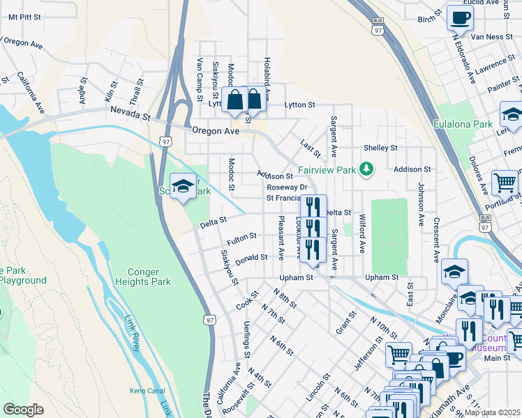 map of restaurants, bars, coffee shops, grocery stores, and more near 1620 Lakeview Avenue in Klamath Falls