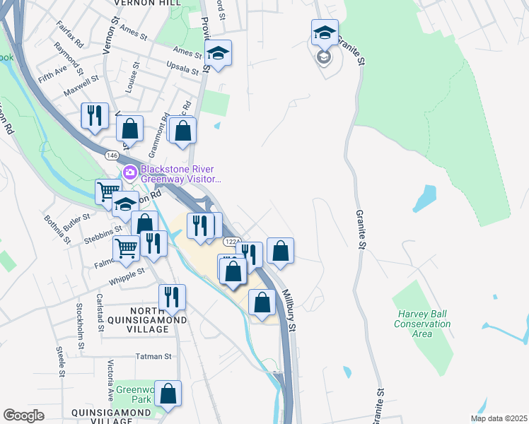 map of restaurants, bars, coffee shops, grocery stores, and more near 11 Gibbs Street in Worcester