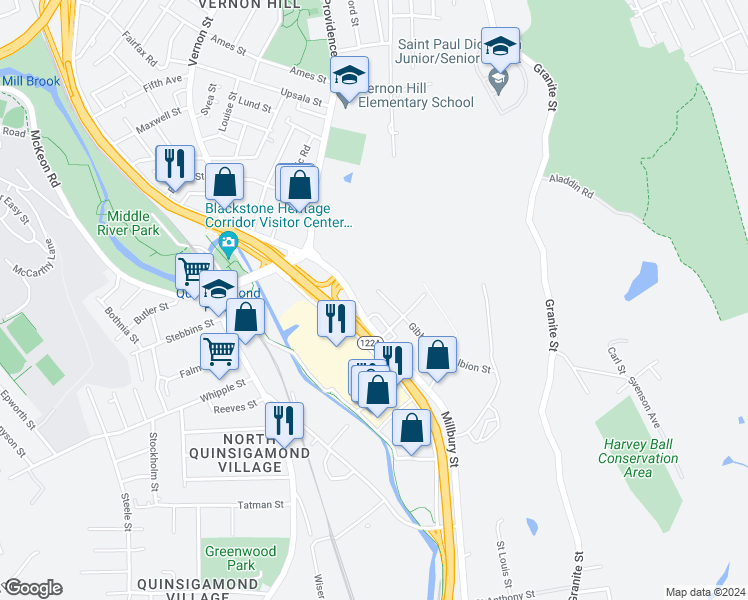 map of restaurants, bars, coffee shops, grocery stores, and more near 63 Millbury Street in Worcester
