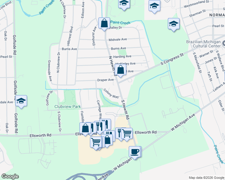 map of restaurants, bars, coffee shops, grocery stores, and more near 2330 Town Court in Ypsilanti