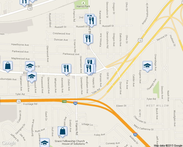 map of restaurants, bars, coffee shops, grocery stores, and more near 1494 Ecorse Road in Ypsilanti